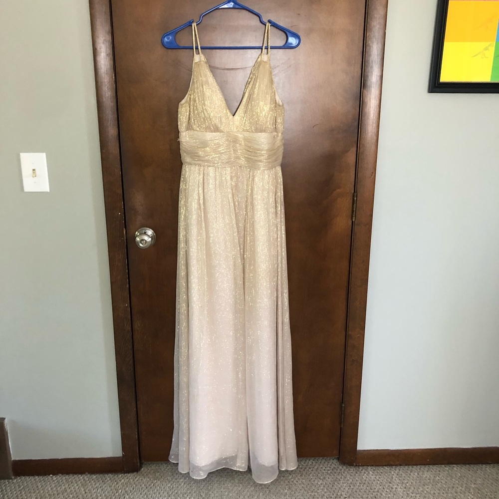 Gold evening gown empire waist braided straps